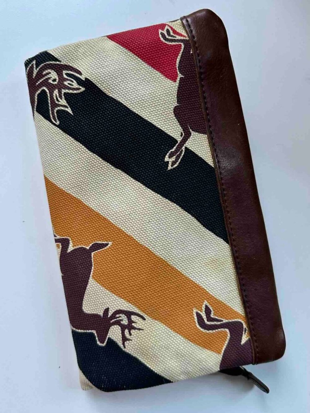 LL Bean Signature Clutch Purse Wallet Striped Deer Print Canvas Leather